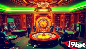 Exciting casino scene showcasing i9bet players at roulette and poker tables, highlighting vibrant gambling atmosphere.