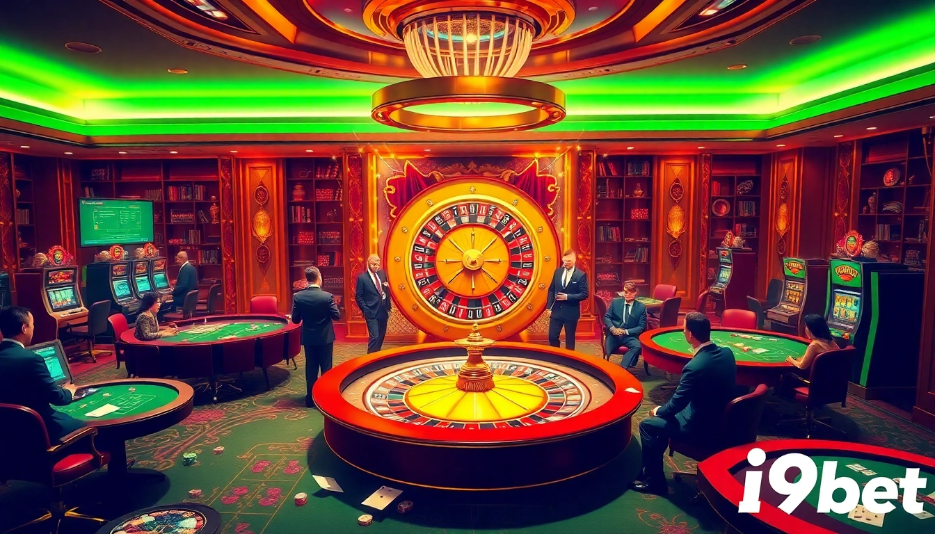 Exciting casino scene showcasing i9bet players at roulette and poker tables, highlighting vibrant gambling atmosphere.