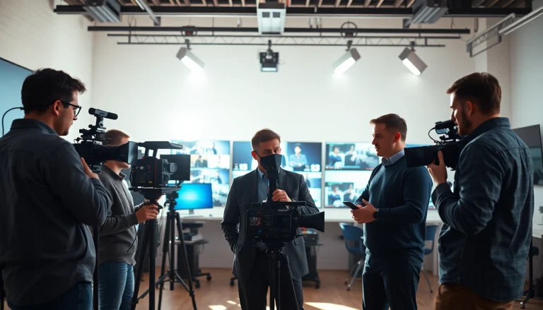 Engaged team at a Video Production Company Phoenix collaborating in a vibrant studio environment.