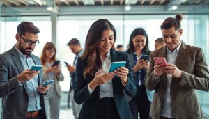 Showcasing mobile apps in a collaborative workspace with diverse users engaging with devices.