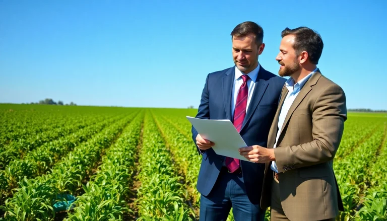 Agriculture law consultation in a vibrant field, showcasing collaboration between a lawyer and a farmer.
