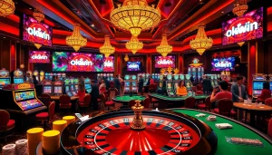 Players enjoying a thrilling game of poker at a luxurious casino setting, featuring the okwin. logo