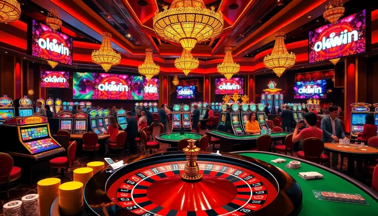 Players enjoying a thrilling game of poker at a luxurious casino setting, featuring the okwin. logo