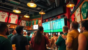 Engaged fans enjoying sports betting in Canada at a lively bar with digital odds display.