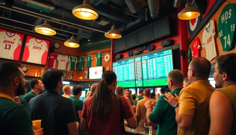 Engaged fans enjoying sports betting in Canada at a lively bar with digital odds display.