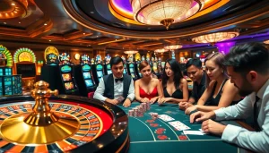 Engage in thrilling gameplay scenes at https://king88.fast/ featuring poker and roulette in a vibrant casino setting.