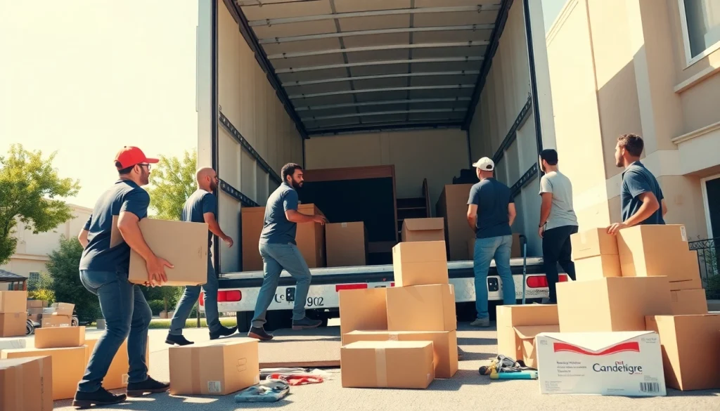 Movers expertly loading furniture into a moving truck during a sunny day, showcasing teamwork and professionalism.