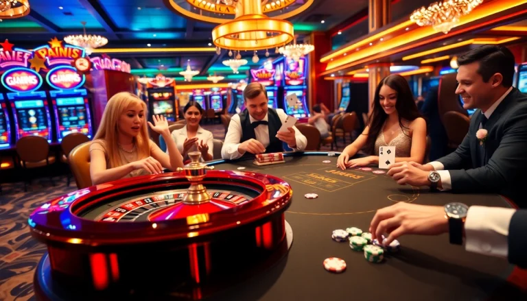 Exciting game action at jun88 casino featuring colorful chips and poker players in a vibrant atmosphere.