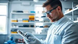 Engineer analyzing the das 142 circuit board in a bright laboratory environment.