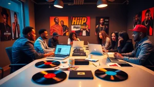 Hip hop publicist team strategizing marketing campaigns in a vibrant creative space.