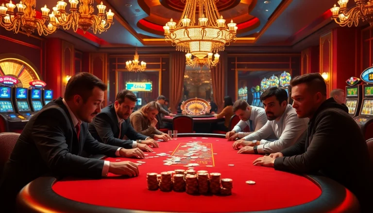 High-stakes poker game at sinbet.ink, showcasing excitement and luxury in a vibrant casino atmosphere.