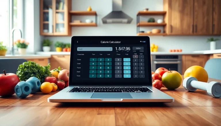 Calculate daily caloric needs using a dynamic calorie calculator on a modern laptop surrounded by fresh fruits.