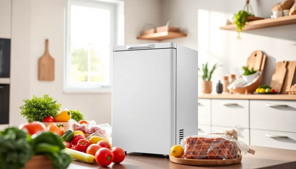 Showcase a mini freezer in a modern kitchen filled with fresh produce and frozen goods.