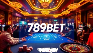 Engage with 789BET đăng nhập while enjoying a vibrant casino scene filled with poker chips and roulette tables.