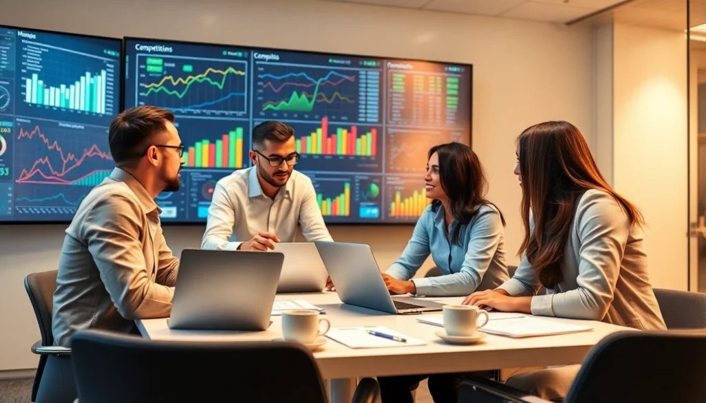 Engaged professionals analyzing competitive intelligence in a modern setting.