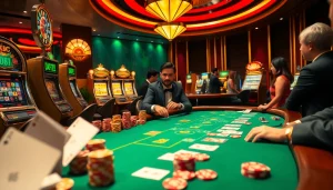 KJC players enjoying a thrilling poker game at a luxurious casino with vibrant ambiance.