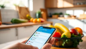 Calculate daily caloric needs with a smartphone-based calorie calculator in a vibrant kitchen setting.