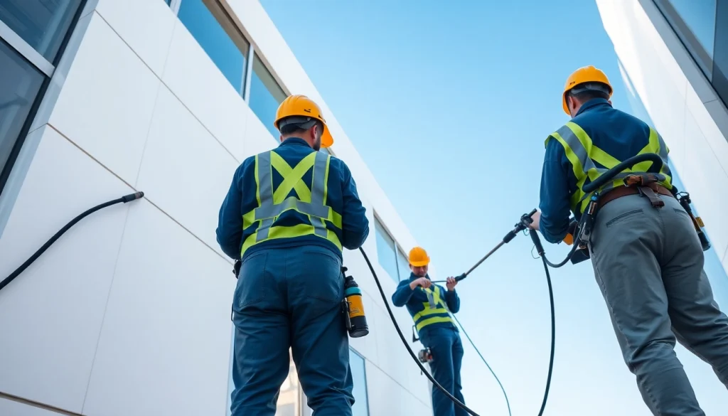 Cena čiščenja fasad — strokovnjaki učinkovito čistijo fasado sodobne stavbe.