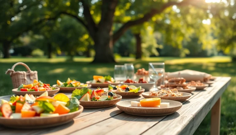 Showcasing compostable sugarcane plates in an inviting picnic setup with vibrant foods.