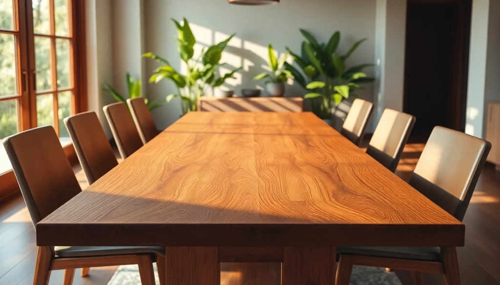Elegant solid wood tables featuring intricate grain patterns in a cozy modern dining room.