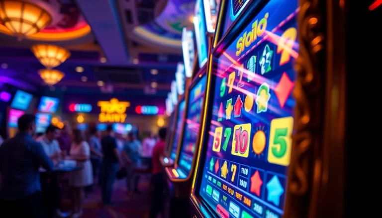 Menggandeng toto slot yang berkilauan di kasino, menarik perhatian pemain dengan warna cerah.