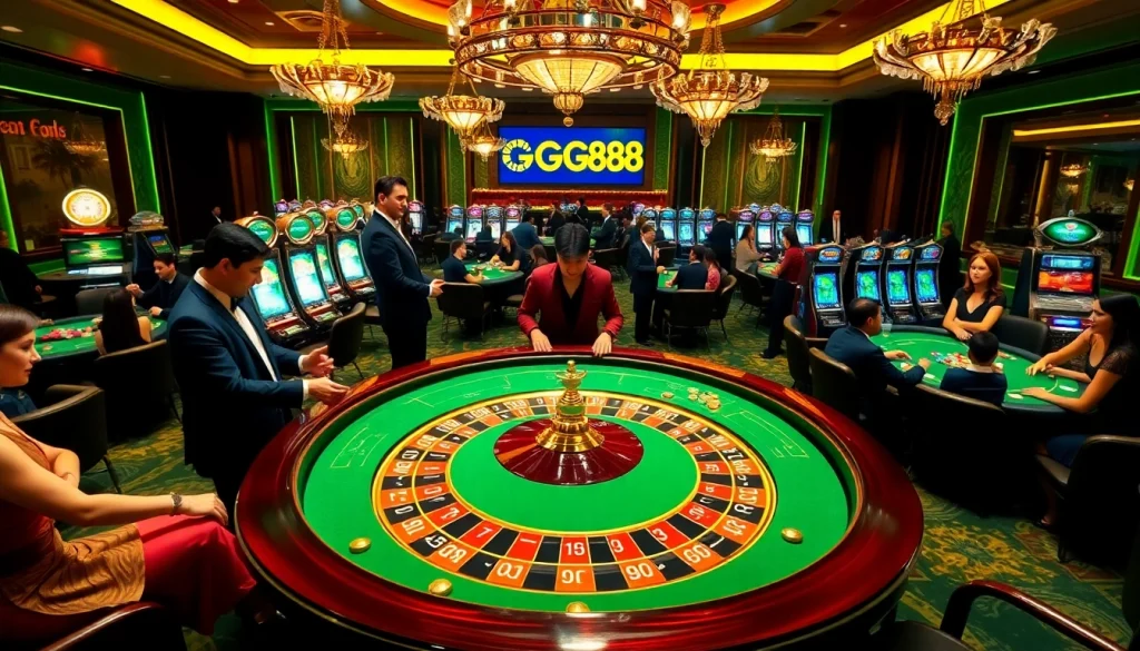 Gamblers enjoy a thrilling roulette game at GG888, showcasing luxury and excitement in vibrant casino ambiance.