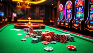 Experience thrilling games at giaimanhacai.news with this vibrant casino scene showcasing poker tables and roulette wheels.