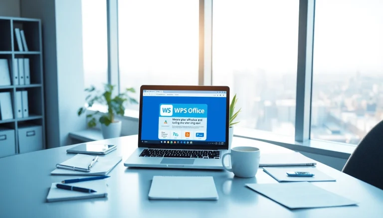 WPS下载 on a laptop in a bright, modern office workspace.