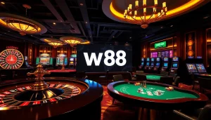 Experience thrilling gameplay at w88 com with luxe casino visuals featuring poker chips and roulette wheels.