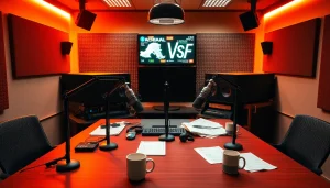 Engaging radio broadcasting setup at hometownstation.com with vibrant lighting and sound equipment.