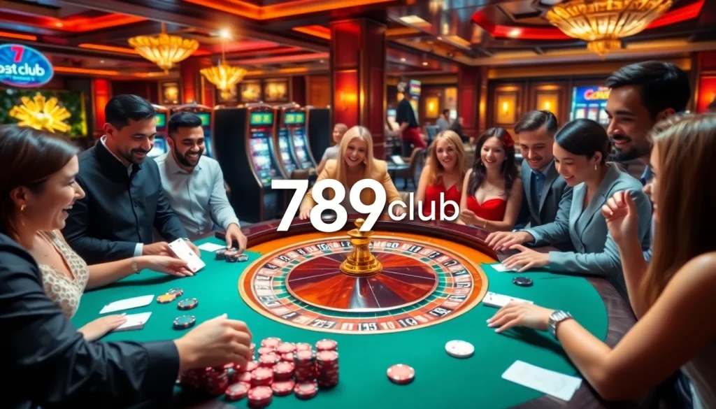 Players enjoying a game at 789club's luxurious casino table, betting chips and cards in view.