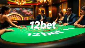 Exciting scene of players at a 12bet casino table engaged in blackjack with colorful chips around.