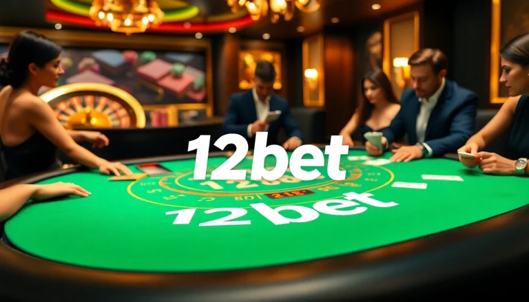 Exciting scene of players at a 12bet casino table engaged in blackjack with colorful chips around.
