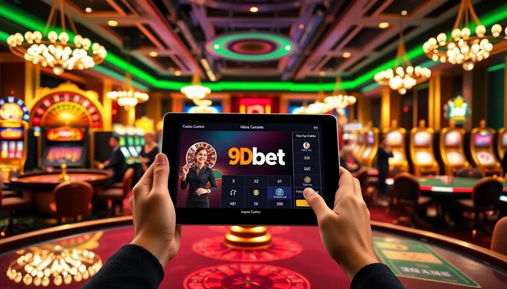 Engage with the exciting world of online gaming through 9Dbet Download on your tablet, surrounded by casino action.