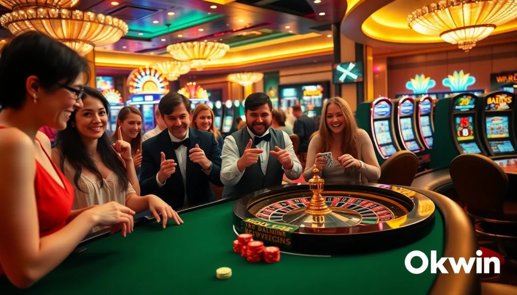 Players celebrate wins at Okwin casino tables, showcasing vibrant poker chips and roulette excitement.