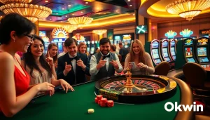 Players celebrate wins at Okwin casino tables, showcasing vibrant poker chips and roulette excitement.