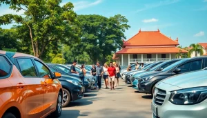 Kuching rent a car scene with diverse travelers exploring rental options in a vibrant street.
