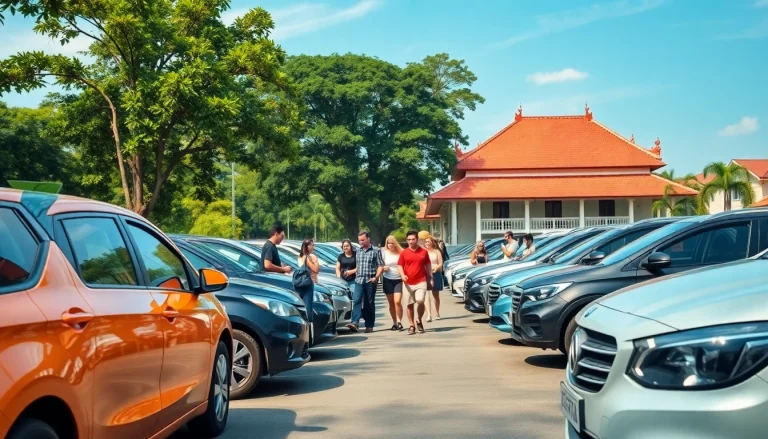 Kuching rent a car scene with diverse travelers exploring rental options in a vibrant street.