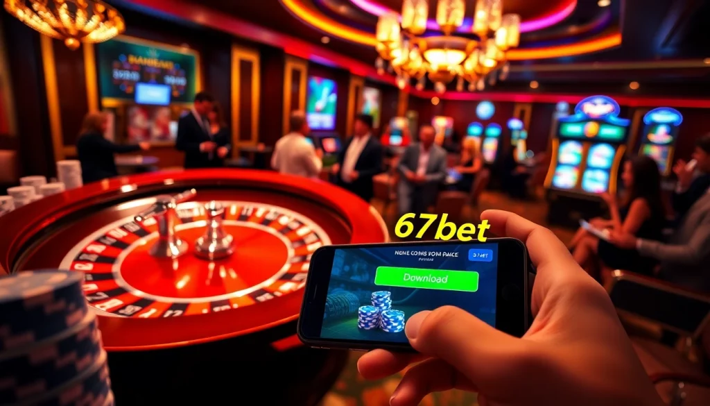 Betting enthusiast explores 67bet Download on a smartphone amidst a lively casino atmosphere.