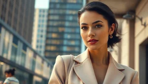 Showcasing Rivelle fashion in an elegant urban setting with modern architecture and a stylish woman.