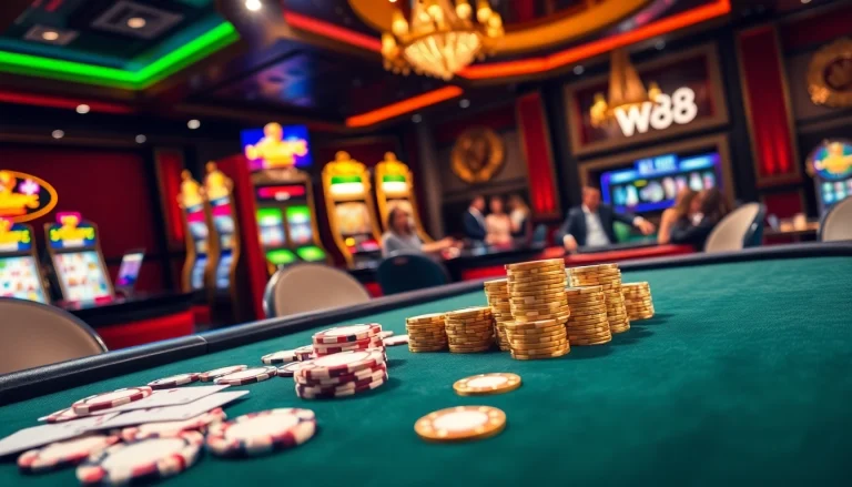 Experience thrilling gaming with W88 at a high-end casino table, showcasing chips and cards.