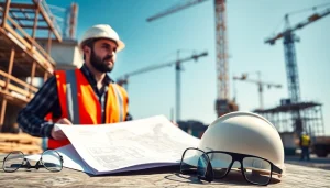 New York Construction Manager inspecting plans at a bustling construction site.
