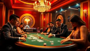 Players at a THABET poker table engage in an exciting high-stakes game with vibrant casino elements.