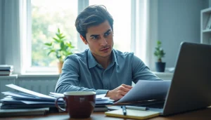 Individual confronting brain fog in a tranquil home office setting with warm natural light.