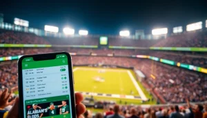 Engaging sports betting in Alabama app interface displayed on a smartphone amidst an energetic sports environment.