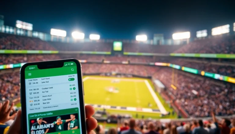Engaging sports betting in Alabama app interface displayed on a smartphone amidst an energetic sports environment.