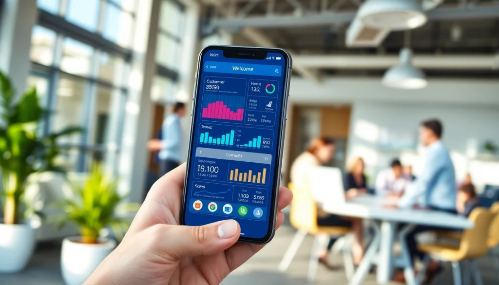 Showcase of a mobile CRM interface on a smartphone in a vibrant office, illustrating efficiency.