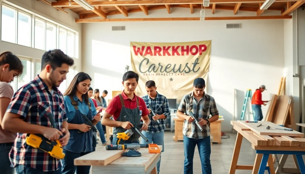 Students at trade schools oahu collaborating on carpentry projects in a bright workshop.