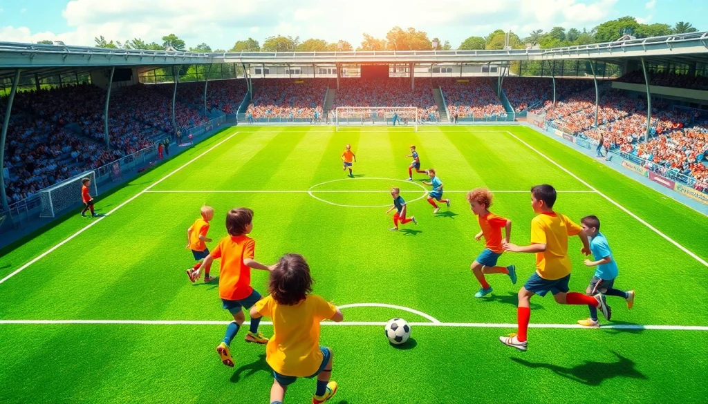 Aktivitas anak-anak bermain sepak bola di lapangan dengan semangat sayapbola resmi.