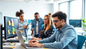 Hire .Net developers collaborating effectively in a modern office space.